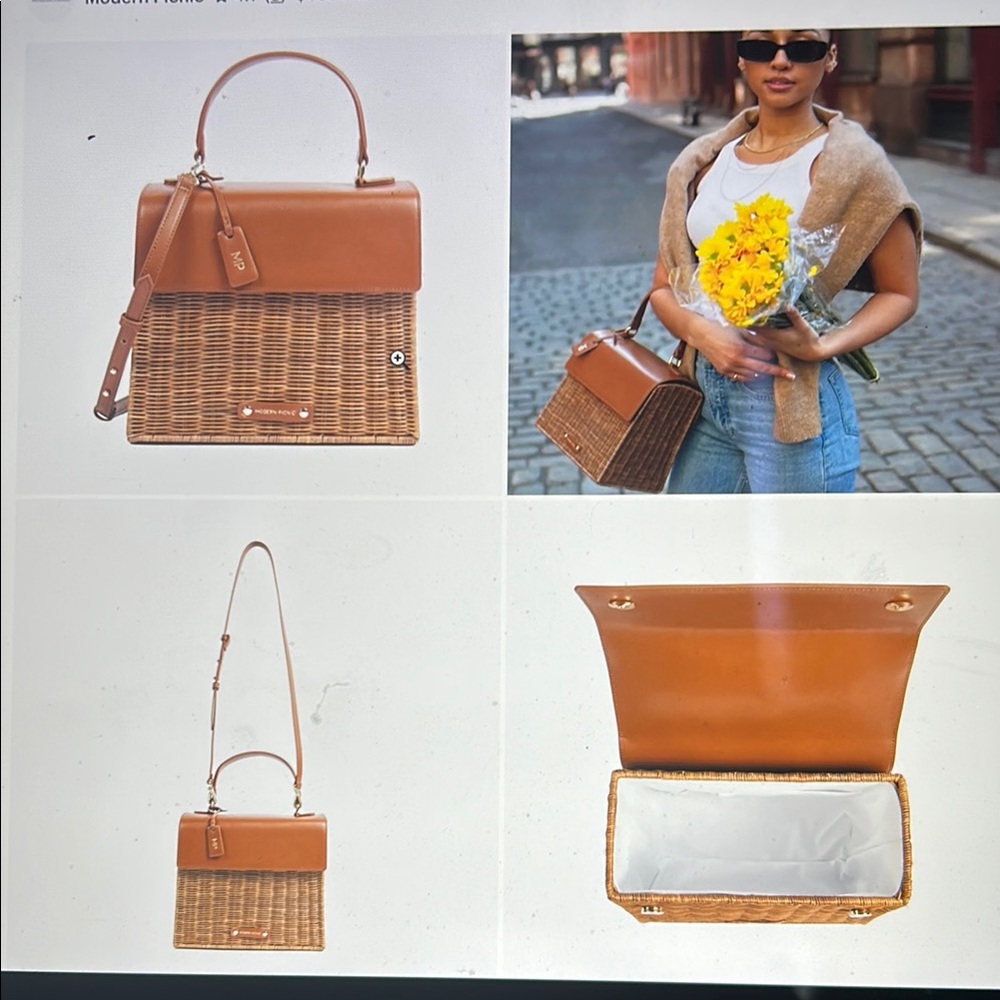 Woven Tan Satchel Handbag with Leather Top - Picture 2 of 3
